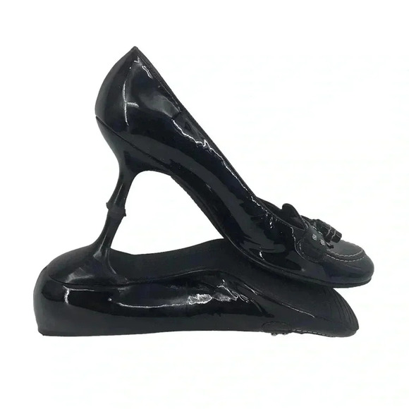 STUART WEITZMAN HEELS WOMENS 7.5 BLACK PATENT LEATHER TASSEL KITTEN - Picture 10 of 14